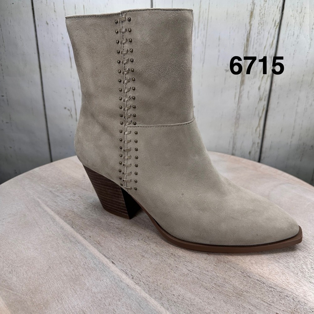 Lucky Brand Rupis Ankle Boots Womens 10M Taupe Suede Studded Side Zip Block Heel